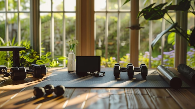 Photo a serene gym setup with dumbbells a water bottle and a yoga mat basking in the golden morning light by a large window overlooking a lush garden