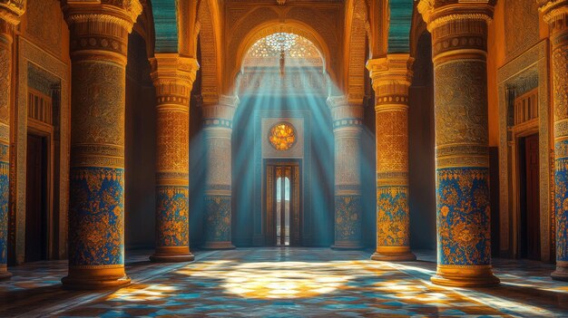 Serene hall illuminated by rays of light through ornate columns