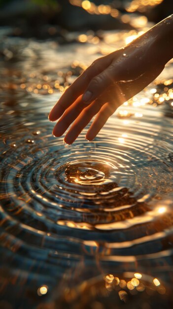 Serene Hand Touching Water Creating Ripples at Sunset with Golden Light Reflections Perfect for