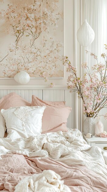 A Serene Haven Delicate Pink and White Bedding Blooming Branches and a Dreamy Atmosphere