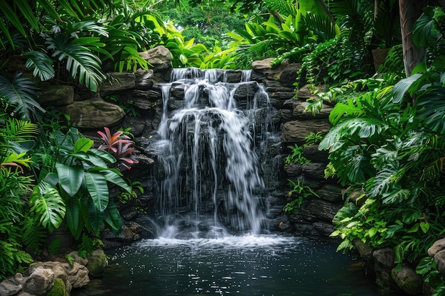 Serene Hidden Waterfall in Tropical Jungle Surrounded by Lush Greenery and Exotic Plants