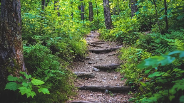 Photo a serene hiking trail meanders through lush green forest under bright sunlight in summer