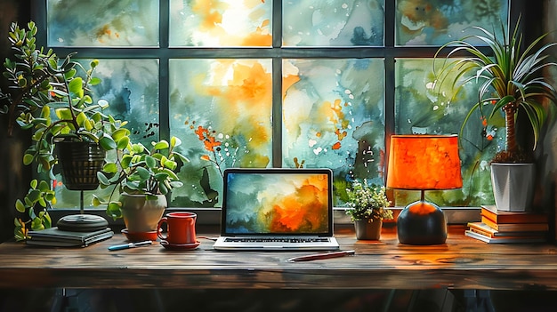 Serene Home Office Haven Soft Watercolor Painting of a Productive Workspace with Laptop Coffee Mug