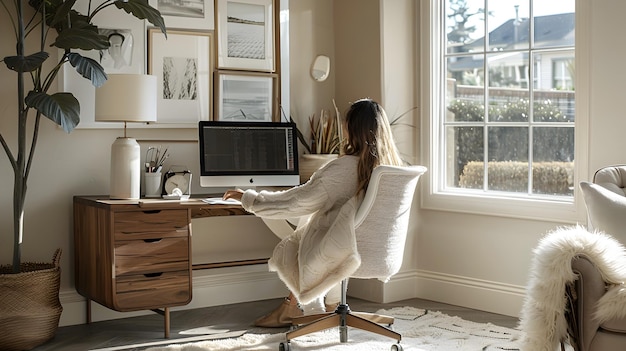 Photo serene home office setup with desktop computer and neutral tones