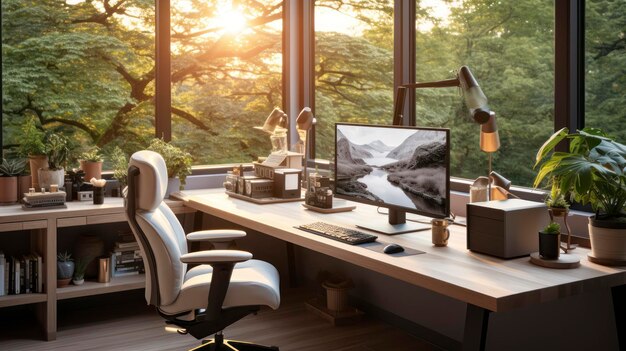 Photo a serene home office with a view of nature featuring a desk computer and plants