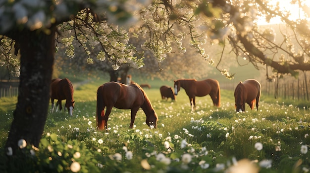 Serene horses grazing in a lush meadow at sunset peaceful rural scenery with warm light ideal for nature themes AI