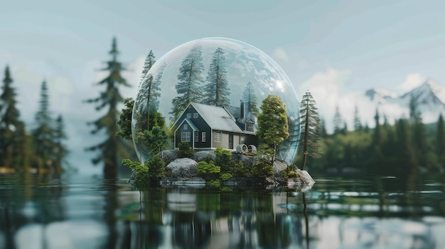 Photo a serene house enclosed in a transparent sphere floating on a calm reflective lake surrounded by towering pine trees and distant mountains under a soft cloudy sky