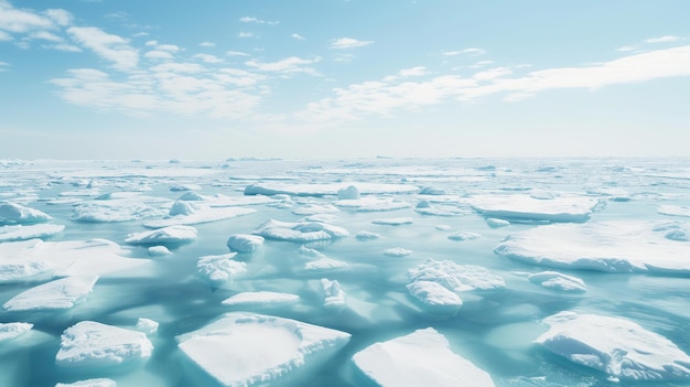 A serene ice field under a clear blue sky showcasing vast stretches of icebergs