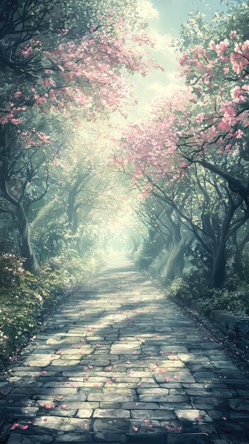 A serene illustration of an ancient pathway lined with blooming trees creating tranquil atmosphere