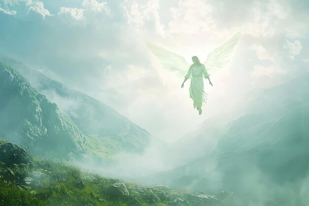 A serene illustration of an angel soaring above misty landscape evoking peace and tranquility