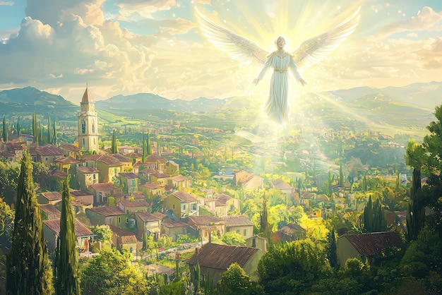 A serene illustration of Archangel Raphael flying over picturesque landscape