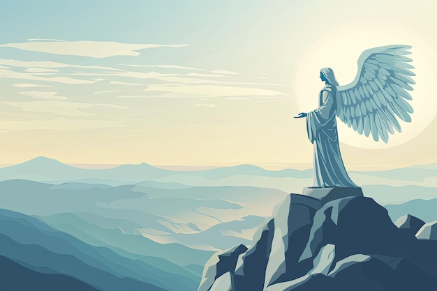 A serene illustration of Archangel Uriel standing on mountain peak radiating peace