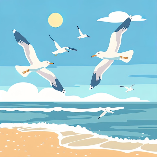 Photo a serene illustration capturing the freedom of seagulls soaring in the sky above a gently lapping