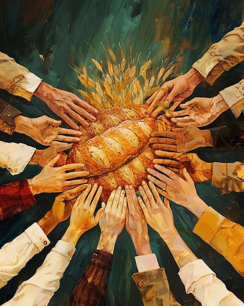 A serene illustration of the hands of diverse members of a congregation holding the bread together