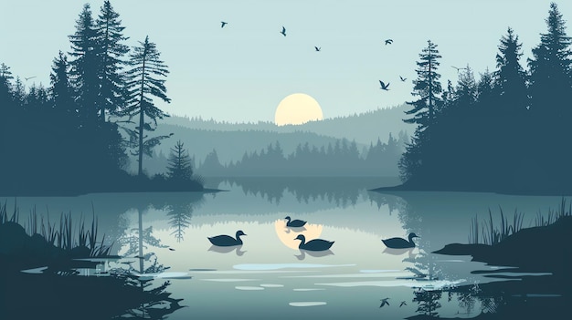 Photo a serene illustration of a lake surrounded by a forest with a sunrise in the background