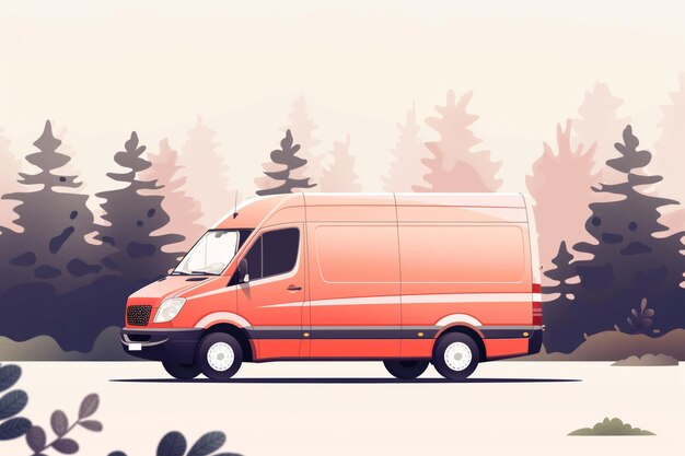 Serene illustration of an orange delivery van against a backdrop of stylized forest trees