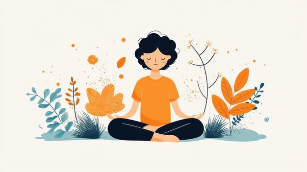 Photo a serene illustration of a person meditating in nature surrounded by vibrant plants and a calming color palette