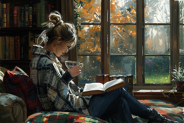 Photo a serene illustration of a reader sipping tea while flipping through a beloved classic