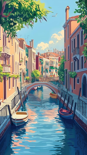 Photo a serene illustration of river running through colorful buildings evoking tranquility