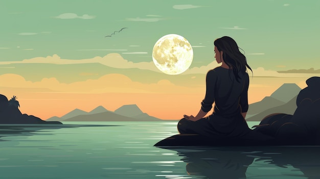 Serene illustration of a woman meditating on a tropical beach for wellness themes