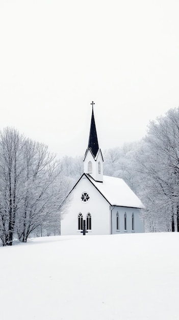 A serene image of chapel in snowy landscape surrounded by bare trees and tranquil atmosphere white snow blankets ground creating peaceful scene