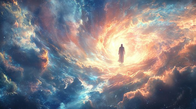 Photo a serene image of figure surrounded by swirling clouds in cosmic setting