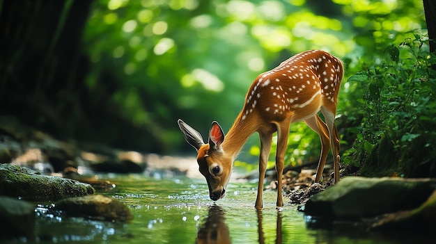 Photo serene image of gentle deer drinking from stream