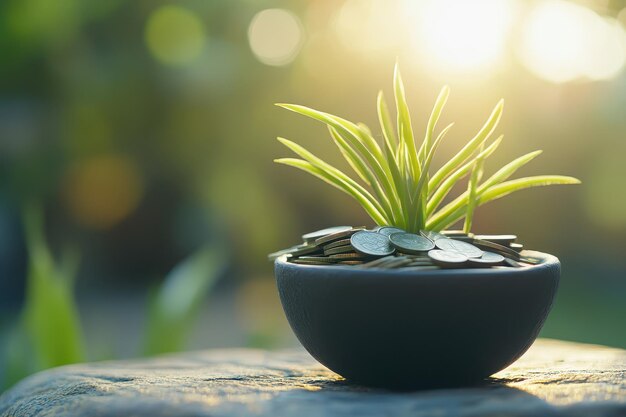 Photo a serene image of a green plant growing in a bowl of coins symbolizing growth and prosperity in nat