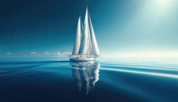 Photo a serene image of a sailboat with white sails navigating the calm expansive blue sea the sailboat is gracefully gliding through the water