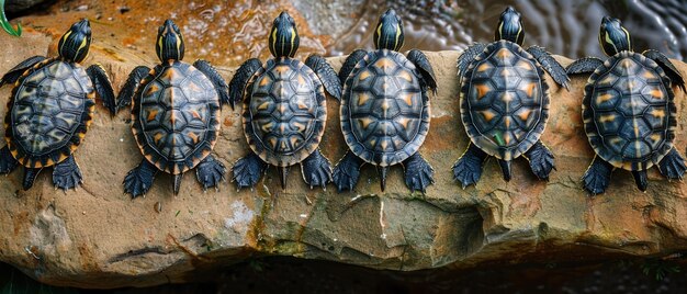 Photo a serene image of six turtles basking peacefully on a rock by the waters edge showcasing their unique patterns and colors