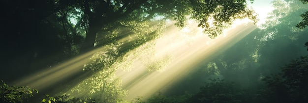 A serene image of sunlight streaming through a lush green forest canopy creating a sense of my