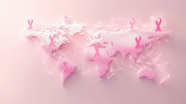 Photo a serene image of a world map with pink ribbons placed on various continents symbolizing global awareness of breast cancer the map is set against a softly lit background with a subtle gradient of