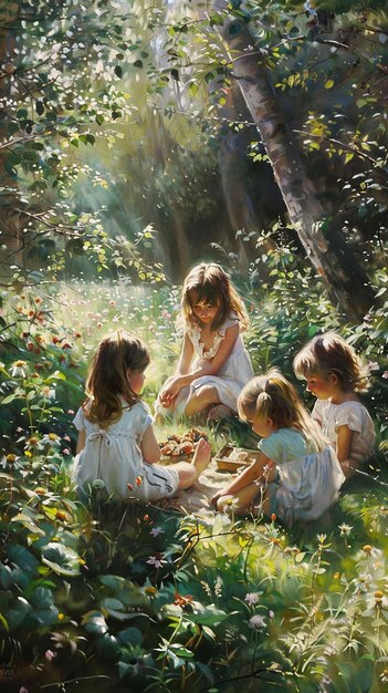 Serene Impressionist Painting of Children by the Lake