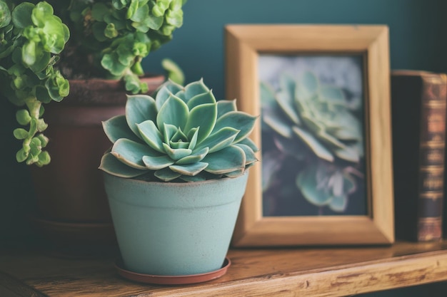 Photo a serene indoor scene featuring a succulent plant on a wooden shelf with framed art