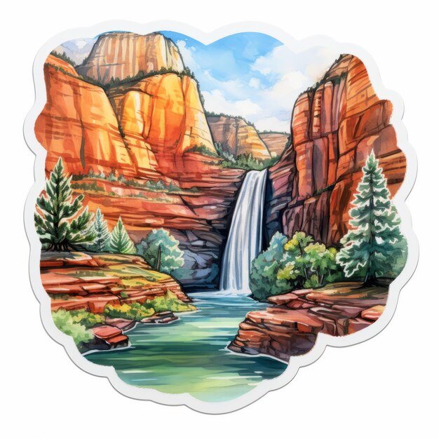 Photo serene ink painting sticker of zion national park falls