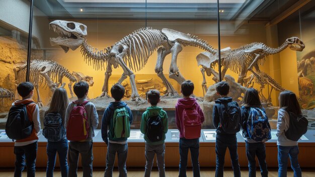 Photo a serene and inspiring image of a group of students on a field trip to a natural history museum exploring exhibits and engaging in discussions about the significance of the artifacts on display