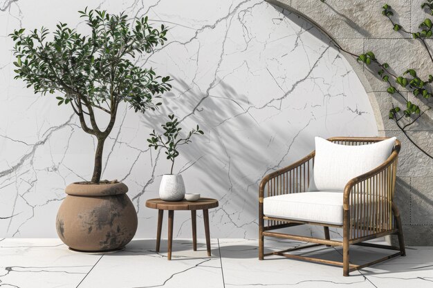 Photo serene interior with olive tree and modern armchair by marble wall