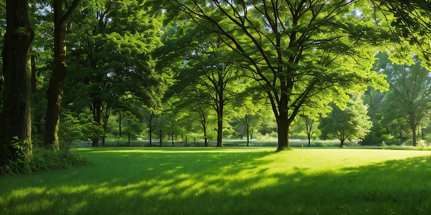 A serene and inviting scene showcasing lush green grass and vibrant woods in a park