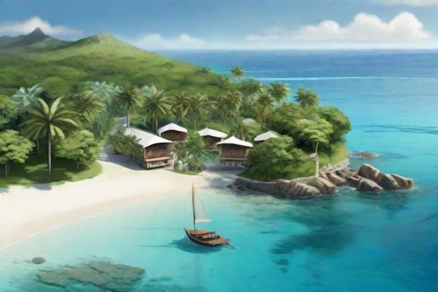 A serene island paradise with crystal clear waters and lush greenery