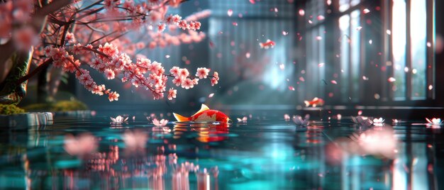 Photo serene japanese garden oasis with cherry blossoms and koi pond in stunning 8k uhd 3d digital art background