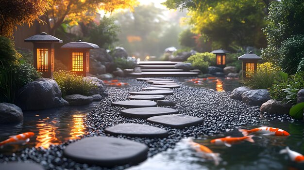 Photo serene japanese garden with koi pond and stone pathway 3d illustration