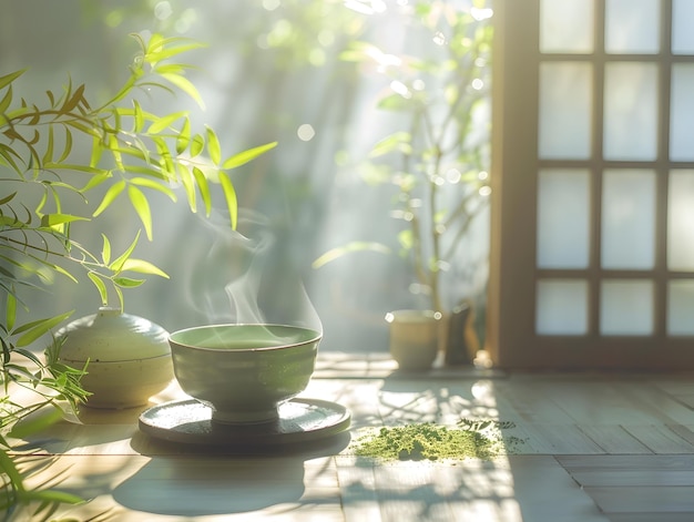 Serene Japanese inspired Green Tea Ritual with Matcha and Delicate Leaves