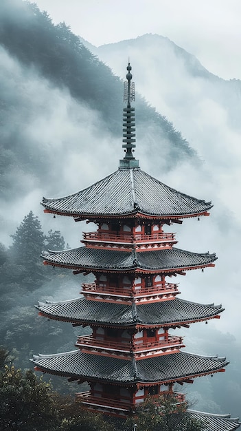 Photo a serene japanese pagoda pierces the mist its red rooflines a vivid contrast to the tranquil mountain landscape