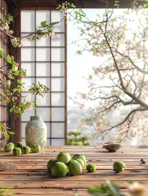 A serene Japanese setting with green plums on a ceramic plate accompanied by a rustic tea set