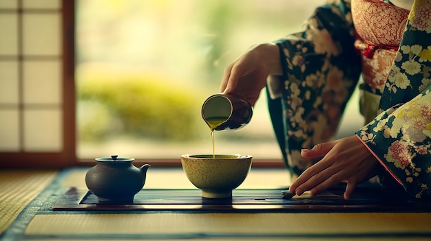 Photo serene japanese tea ceremony with kimonoclad host