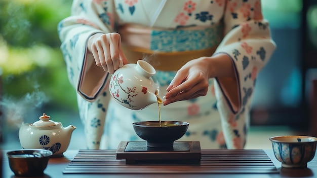 Photo serene japanese tea ceremony with kimonoclad host