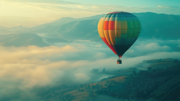 Serene journey beautiful hot air balloon gracefully floating over enchanting marvellous landscape harmony between nature flight creating captivating visual experience of tranquility wonder