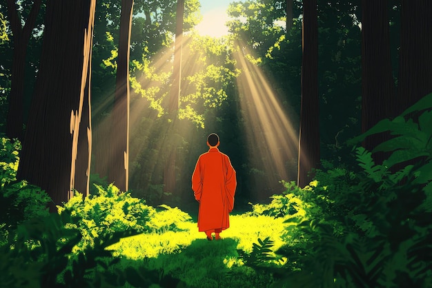 A serene journey a monk walking through a lush green forest embraced by beams of sunlight illuminating the tranquil path