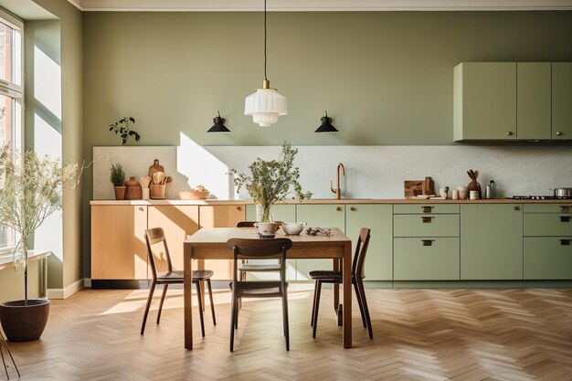 Serene Kitchen Oasis Sage Green Wall Wooden Accents in Soft Natural Light