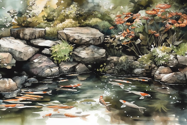 A serene koi pond with lily pads and rocks digital art illustration